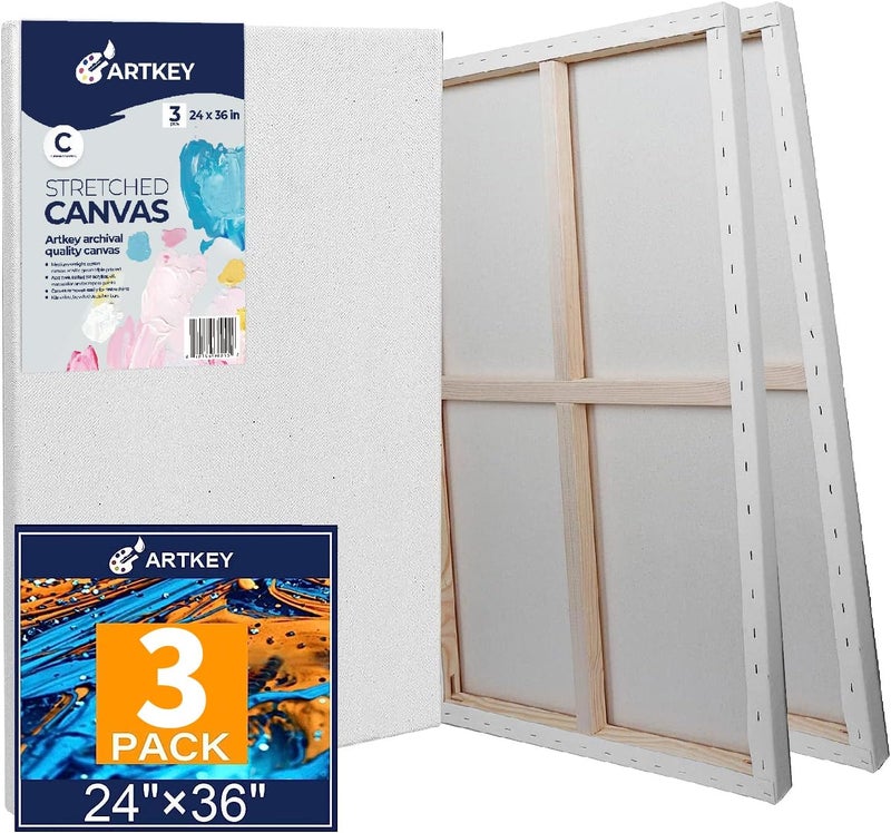Artkey Stretched Canvases for Painting 24x36 Inch 3-Pack, 12.3 oz Triple Primed Acid-Free 100% Cotton Blank Canvas, Large Art Canvases for Oil Paint Acrylics Pouring & Wet Art Media, Pour Painting - Image 1